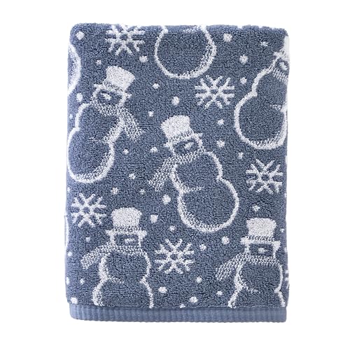 SKL Home Christmas/Winter Top Hat Snowmen Bath Towel, 100% Cotton, Blue | 550 GSM. Soft & absorbent. Reversible jacquard pattern. Great for use in the bathroom, kitchen or bar & gifting. - color: Top Hat Snowmen, style: Bath Towel