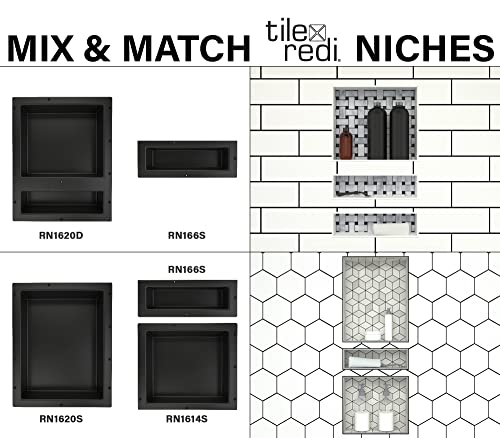 Tile Redi USA Niche Single Recessed Shower Shelf – Black, One Inner Shelf, 16-Inch Width x 6-Inch Height x 4-Inch Depth (RN166S-BI) - size: 6" H x 16" W (1 Shelf)