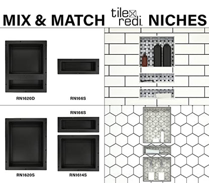Tile Redi USA Niche Single Recessed Shower Shelf – Black, One Inner Shelf, 16-Inch Width x 6-Inch Height x 4-Inch Depth (RN166S-BI) - size: 6" H x 16" W (1 Shelf)