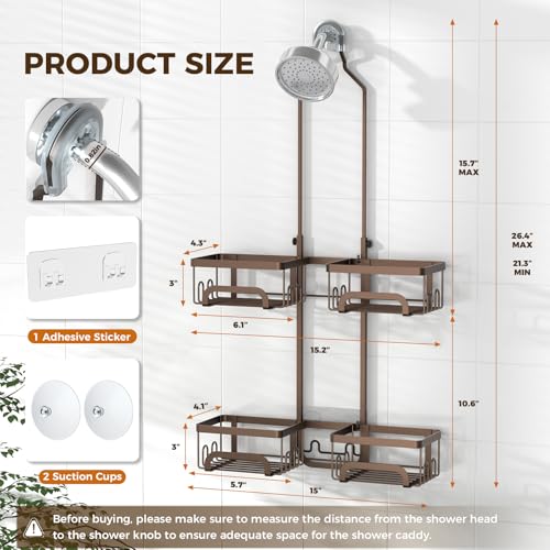 REINHARDT Split Shower Caddy Hanging for Handheld Showerheads, Bronze | Adjustable Shower Organizer, Rustproof, 16 Hooks, Soap Holder, 40lbs Capacity, Anti-Slip, Tool-Free, Bathroom Accessories - color: Bronze