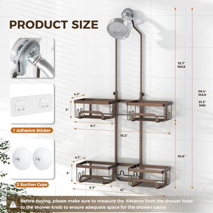 REINHARDT Split Shower Caddy Hanging for Handheld Showerheads, Bronze | Adjustable Shower Organizer, Rustproof, 16 Hooks, Soap Holder, 40lbs Capacity, Anti-Slip, Tool-Free, Bathroom Accessories - color: Bronze