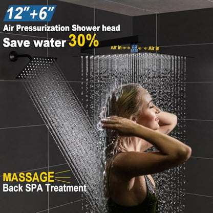 Enga Thermostatic Dual Shower System, 12"+6" Wall Mount Dual Rain Shower Faucet, All Functions Use Together & Volume Adjustable, Matte Black - color: Matte Black, style: ‎12"+6" Head