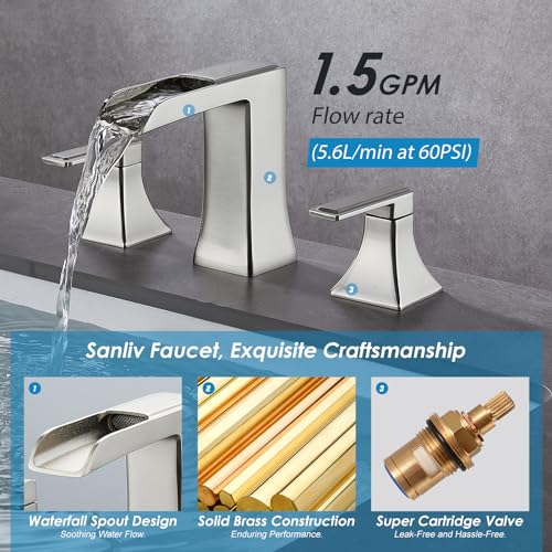 Brushed Nickel Bathroom Faucet, Sanliv Widespread Bathroom Faucet for 3-Hole Sinks 4-8 inch, 2-Handle Waterfall Vanity Faucets with Pop-Up Drain, Brushed Nickel - color: Brushed Nickel