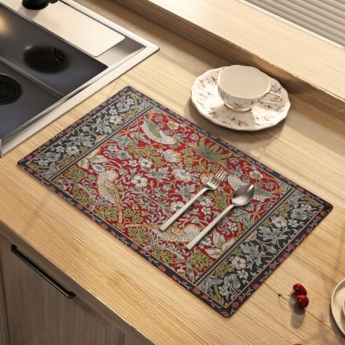 Paisley Dish Drying Mat for Kitchen Counter, 16 x 24 Inches | Absorbent Soft Diatomite Surface, Black Rubber Backing, Non Slip Base, Dishes, Utensils, Pots and Pans - color: Vintage Red Floral, size: 24" x 16"