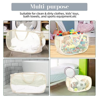4 Pcs Durable Collapsible Laundry Baskets, Foldable Large Opening Pop Up Laundry Hamper with Pocket, Clothes Hamper with Handles for Laundry, Bathroom, Kids Room, Dorm or Travel Beige - color: 4 x Beige