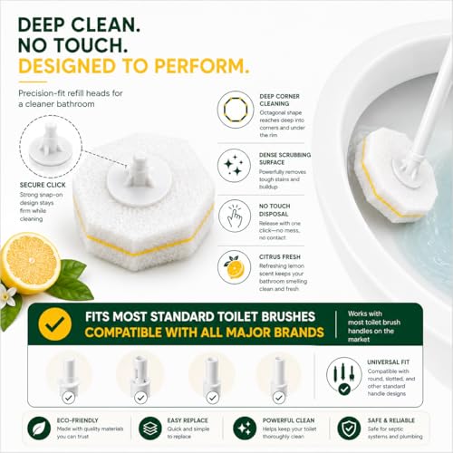 Toilet Wand Refills 60 Count Lemon Scent – Disposable Toilet Bowl Cleaner Brush Heads with Fresh Citrus Fragrance, Fits Most Standard Toilet Wand Handles, Hygienic No-Touch Cleaning Sponge Pads - size: 1 Count (Pack of 60)