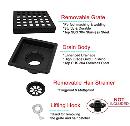 4 inch Square Shower Drain with Removable Cover Grid Grate,SUS 304 Stainless Steel Tile in Floor Drain,Matte Black - color: Matte Black (Without Drain Base/Adapter)