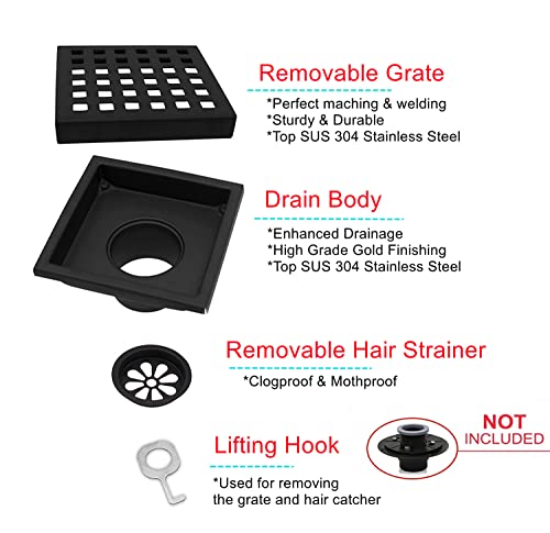 4 inch Square Shower Drain with Removable Cover Grid Grate,SUS 304 Stainless Steel Tile in Floor Drain,Matte Black - color: Matte Black (Without Drain Base/Adapter)