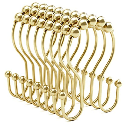 Bathway Gold Shower Curtain Hooks, Shower Curtain Hook Shower Curtain Rings Rust Proof Smooth Double Shower Curtain Hooks, Shower Hooks for Shower Curtain Bathroom Shower Rod Hook 12 Pcs - color: Gold