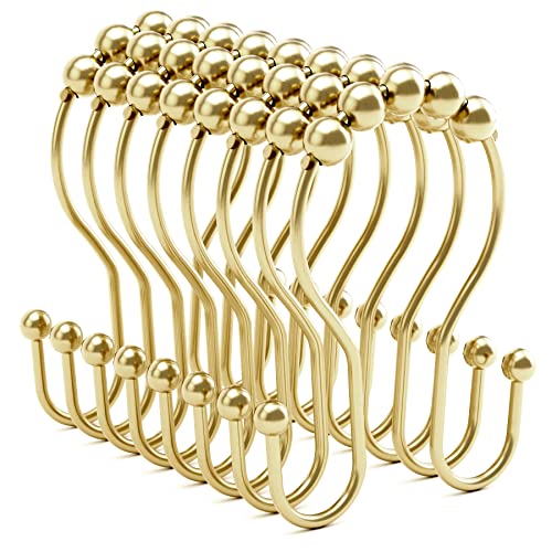 Bathway Gold Shower Curtain Hooks, Shower Curtain Hook Shower Curtain Rings Rust Proof Smooth Double Shower Curtain Hooks, Shower Hooks for Shower Curtain Bathroom Shower Rod Hook 12 Pcs - color: Gold