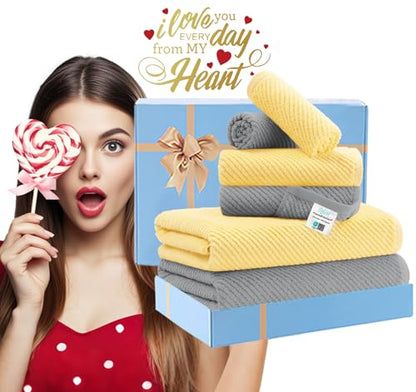 VOOVA & MOVAS 6PC Towel Set, 100% Cotton, Grey Yellow | 2 Large Bath 30x56 In, 2 Hand 18x28 In, 2 Washcloths 13x13 In, Soft, Quick Dry, Thick, Bath Towels With Hanging Loop - color: Gray + Yellow Mixed, size: 6 PC Bathroom Towel Set