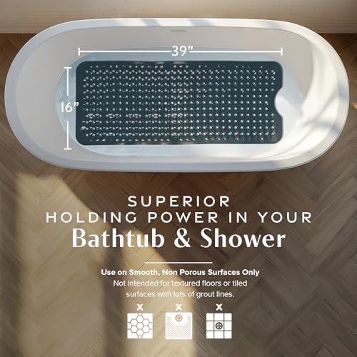 SlipX Solutions 39"x16" Power Grip Non Slip Bathtub Shower Mat, Black | Stronger Wet Surface Protection, Soft Under Foot, 265+ Suction Cups, Large Drainage Holes - color: Solid Black