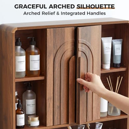 weselon 31.5" Bathroom Medicine Cabinet with Storage, Wall Mounted Over Toilet Cabinet with Towel Bar & 5 Hooks, Arched Fluted Double Doors, Adjustable Shelves & Open Storage (Walnut)