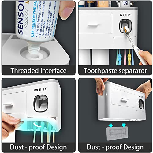 Wekity Multifunctional Wall-Mounted Toothbrush Holder, Automatic Toothpaste Dispenser Space Saving Toothbrush and Toothpaste Holder, with 2 Cups and Drawers Cosmetic Organizer(Grey) - color: Grey