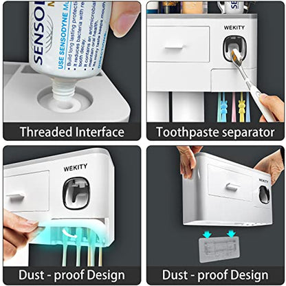 Wekity Multifunctional Wall-Mounted Toothbrush Holder, Automatic Toothpaste Dispenser Space Saving Toothbrush and Toothpaste Holder, with 2 Cups and Drawers Cosmetic Organizer(Grey) - color: Grey