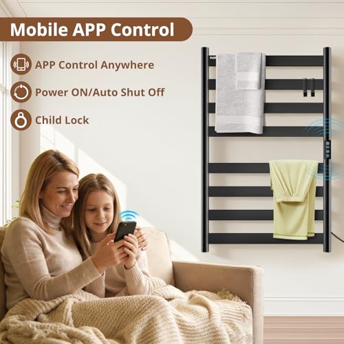 Heated Towel Rack Freestanding & Wall-Mounted, WiFi 8 Bar Towel Warmer Rack | WiFi Control, Extra-Wide Heating, Child Safety Lock, 1-24H Timer & Multi-Level Temp, Stainless Steel, Plug-in, Matte Black - color: Matte Black