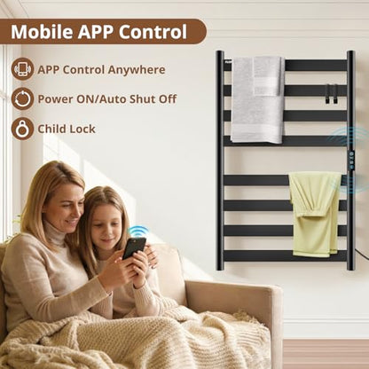 Heated Towel Rack Freestanding & Wall-Mounted, WiFi 8 Bar Towel Warmer Rack | WiFi Control, Extra-Wide Heating, Child Safety Lock, 1-24H Timer & Multi-Level Temp, Stainless Steel, Plug-in, Matte Black - color: Matte Black