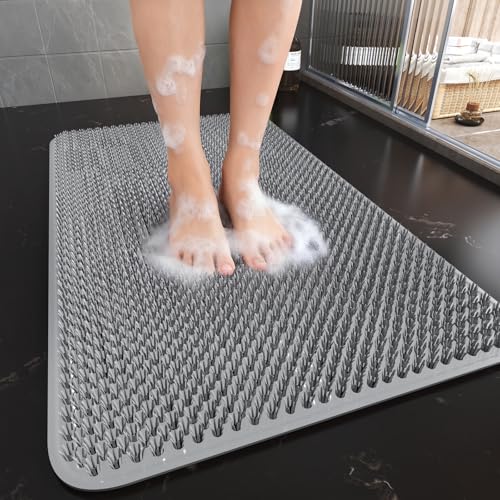 Shower Foot Scrubber Mat, Non Slip Shower Feet Mat Grey 16"x27" | Silicone Exfoliating With Suction Cups And Drain Holes, Quick Drying Soft Bathtub Mat, Machine Washable Drainage Bathroom Mat - color: Grey