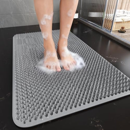 Shower Foot Scrubber Mat, Non Slip Shower Feet Mat Grey 16"x27" | Silicone Exfoliating With Suction Cups And Drain Holes, Quick Drying Soft Bathtub Mat, Machine Washable Drainage Bathroom Mat - color: Grey