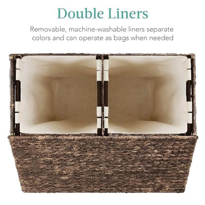 Best Choice Products Large Double Laundry Hamper with Lid, Natural Handwoven Water Hyacinth, 2 Sections w/ 2 Machine Washable Linen Liner Bags, Portable, Handles - Espresso - color: Espresso