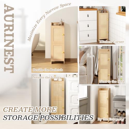 Rattan Narrow Bathroom Storage Cabinet, 7.9''D x 9.8''W x 29.5''H, Toilet Paper Storage Cabinet with 2 Doors & Adjustable Shelf, Space-Saving Bathroom Organizer for Small Spaces, Natural Oak