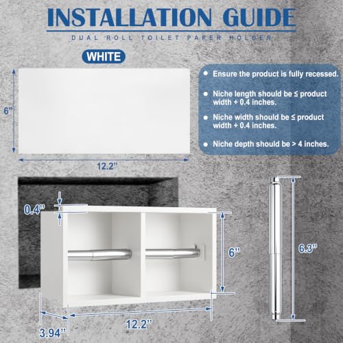 Recessed Dual Roll Toilet Paper Holder 304 Stainless Steel Hidden in-wall with Storage Durable Tissue Roll Holder Heavy Duty Space Saving Design for Modern Bathrooms and Remodel (White) - color: White