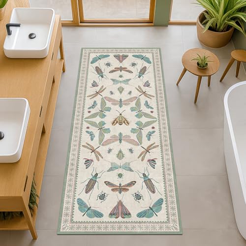 Hazo Haus Washable Non Slip Bathroom Runner Rug 2x5, Insect Boho Bath Mat, Stain Resistant Low Pile Butterfly Insect Print Rugs for Laundry Room, Powder Room, Beige Green - color: Beige Green, size: 2' x 5' (Runner)