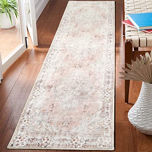 Pink Runner Rug Washable 2x8 Area Rugs Non Slip Low-Pile Flowers | Long Throw Carpet for Hallways Entryway Kitchen Bathroom Bedside Bedroom Laundry Boho Soft Indoor Retro Floral Light Blush - color: Pink, size: 2' x 8' (Rectangular)