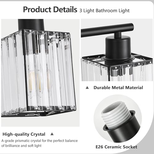 3 Light Bathroom Light Fixtures, Modern Crystal Vanity Lights over Mirror | Metal Frame, Bathroom Light with Square Crystal Shade, ETL Certified, E26 Ceramic Socket, Bulbs Not Included - color: Black, size: 3-Light