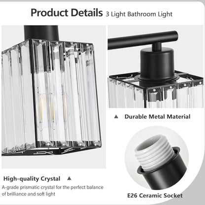 3 Light Bathroom Light Fixtures, Modern Crystal Vanity Lights over Mirror | Metal Frame, Bathroom Light with Square Crystal Shade, ETL Certified, E26 Ceramic Socket, Bulbs Not Included - color: Black, size: 3-Light