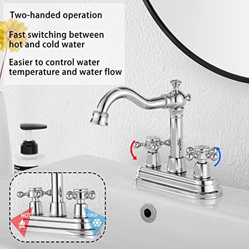 Chrome Bathroom Faucet GGStudy 2 Handles 4 Inches Centerset Bathroom Vanity with Drain Assembly and Supply Hose Lavatory Faucet Mixer Double Handle Tap - color: Polished Chrome, style: Metal Cover