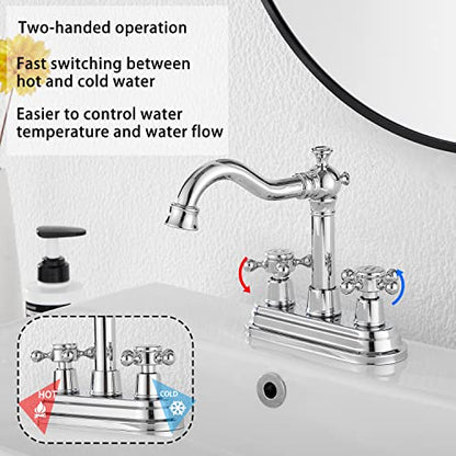 Chrome Bathroom Faucet GGStudy 2 Handles 4 Inches Centerset Bathroom Vanity with Drain Assembly and Supply Hose Lavatory Faucet Mixer Double Handle Tap - color: Polished Chrome, style: Metal Cover