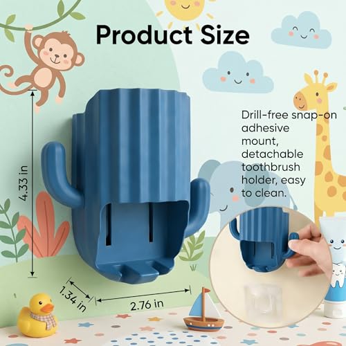 Kids Toothbrush Holder Wall Mount, Cute Cactus (Dark Blue) | Bathroom Organizer, PP Cactus Holder, Toothbrush Toothpaste Hair Tie Accessories,Multi-Function Organizer - color: Blue