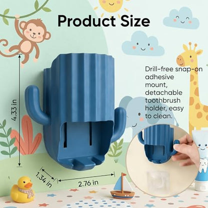 Kids Toothbrush Holder Wall Mount, Cute Cactus (Dark Blue) | Bathroom Organizer, PP Cactus Holder, Toothbrush Toothpaste Hair Tie Accessories,Multi-Function Organizer - color: Blue