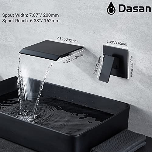 DASAN Wall Mount Waterfall Bathroom Faucet Matte Black in Wall Sink Faucet, Single Handle Wall Mounted Modern Faucet for Bathroom with Upgraded Rough in Valve - color: Matte Black