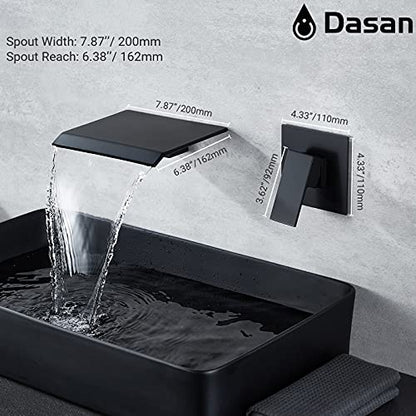 DASAN Wall Mount Waterfall Bathroom Faucet Matte Black in Wall Sink Faucet, Single Handle Wall Mounted Modern Faucet for Bathroom with Upgraded Rough in Valve - color: Matte Black