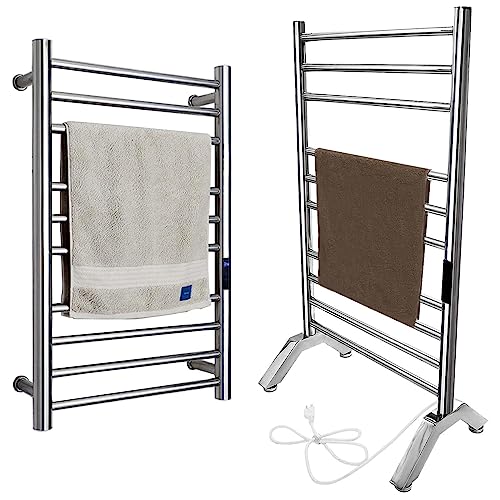 Towel Warmer Rack,Electric Heated Towel Rack Freestanding & Wall Mounted, Towel Warmer for Bathroom Standing 304 Stainless Steel,10 Bars Radiator with Timer,Plug-in,Silver - color: Silver