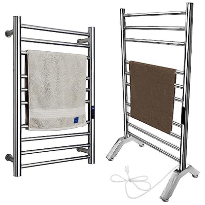 Towel Warmer Rack,Electric Heated Towel Rack Freestanding & Wall Mounted, Towel Warmer for Bathroom Standing 304 Stainless Steel,10 Bars Radiator with Timer,Plug-in,Silver - color: Silver