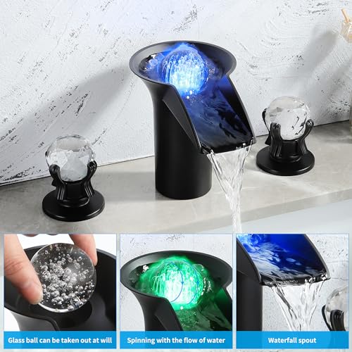 SKOWLL Bathroom Sink Faucet Waterfall, Free Floating Crystal Ball with LED Light, Modern 8 inch Widespread Bathroom Faucet 3 Hole with Dual Handle, Matte Black - color: Matte Black