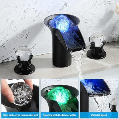 SKOWLL Bathroom Sink Faucet Waterfall, Free Floating Crystal Ball with LED Light, Modern 8 inch Widespread Bathroom Faucet 3 Hole with Dual Handle, Matte Black - color: Matte Black