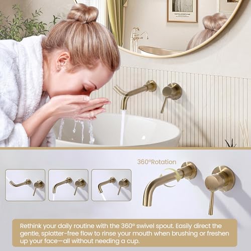 Wall Mount Bathroom Faucet Brushed Gold Bathroom Faucet Bathroom Sink Faucet with Single Handle and Rough in Valve Included - color: Brushed Gold