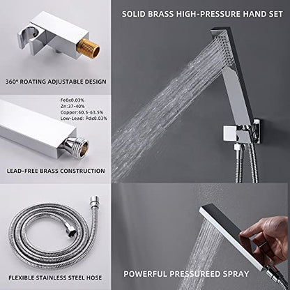 4 Way Thermostatic Shower System with 12 inch LED Shower Head, 6 Body Jet, Tub Spout, Handheld Spray, Chrome - color: Chrome, size: 12" Wall Shower