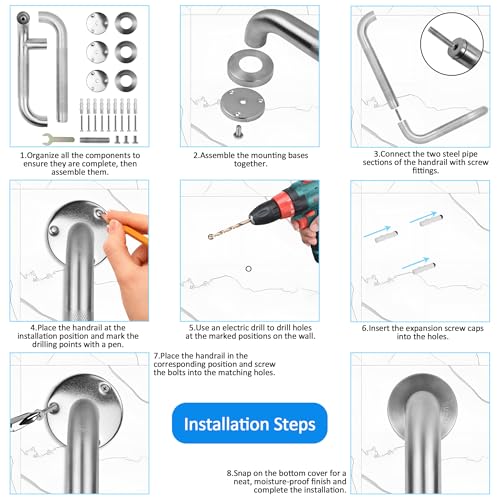 Angled Shower Grab Bar, 12x24 Inch Stainless Steel Bathroom Grab Bar, 1.25" Diameter L-Shaped Brushed Nickel Grab Bars for Bathtubs and Showers, Handicap Shower Grab Bar for Seniors Elderly - size: 12x24 Inch