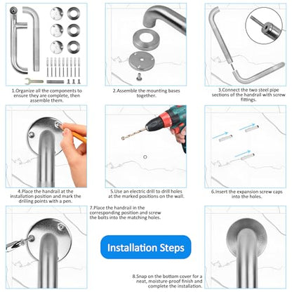 Angled Shower Grab Bar, 12x24 Inch Stainless Steel Bathroom Grab Bar, 1.25" Diameter L-Shaped Brushed Nickel Grab Bars for Bathtubs and Showers, Handicap Shower Grab Bar for Seniors Elderly - size: 12x24 Inch