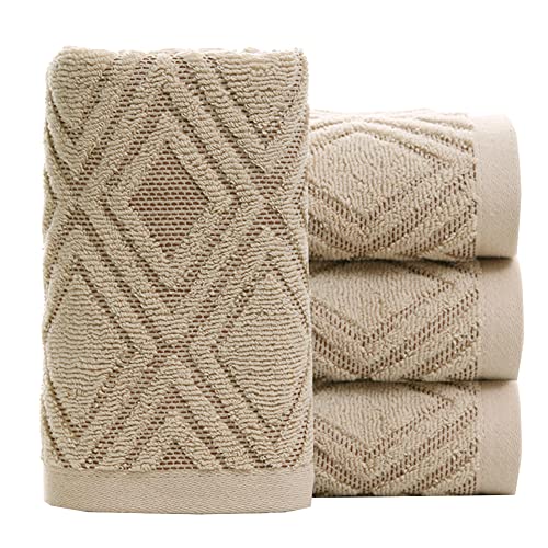 Pidada Hand Towels Set of 4 Diamond Pattern 100% Cotton Absorbent Soft Decorative Towel for Bathroom (Brown) - color: 4 Brown, size: 13.4 x 29.5