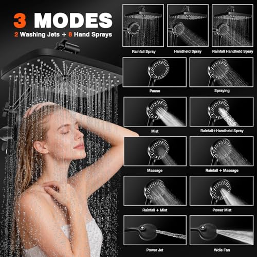 Black Shower Head with Handheld, Adjustable Rain Shower Head with Spray Combo, One-piece High Pressure Filtered Shower Head with Handheld, Built-in Magnetic Docking and Power Jets
