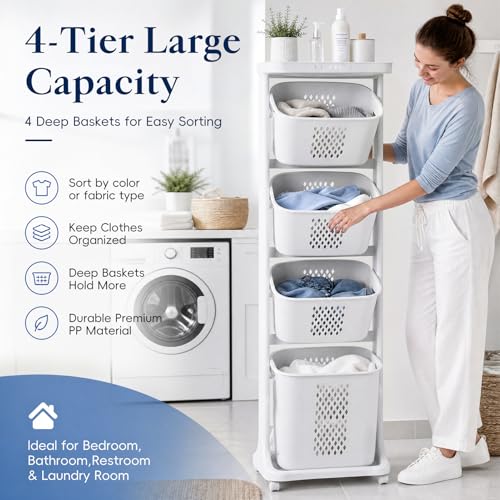 4 Tier Rolling Laundry Sorter Cart, Laundry Hamper with Wheels and Removable Baskets, Narrow Laundry Organizer for Bathroom, Bedroom and Laundry Room, Large Capacity Clothes Storage Cart