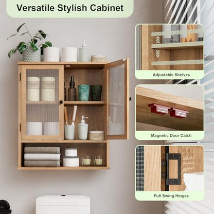 Bathroom Medicine Cabinet, Bathroom Wall Cabinet, Bathroom Cabinet Wall Mount, Medicine Cabinets for Bathroom with Glass Door - color: Wood Color