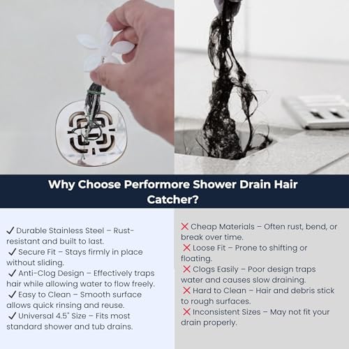 Performore Shower Drain Hair Catcher – 4.5" Stainless Steel Drain Cover & Strainer, Rust-Resistant, Easy to Clean, Anti-Clog Hair Trap for Bathroom or Bathtub
