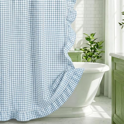 HunnmingRe Ruffled Gingham Shower Curtain Light Blue | 72'' x 72'' Vintage Farmhouse Cotton Cottage Core Rural Checkered Plaid Fall Shower Curtain with 12 Hooks for Bathroom Decor - color: Light Blue, style: Ruffled Gingham
